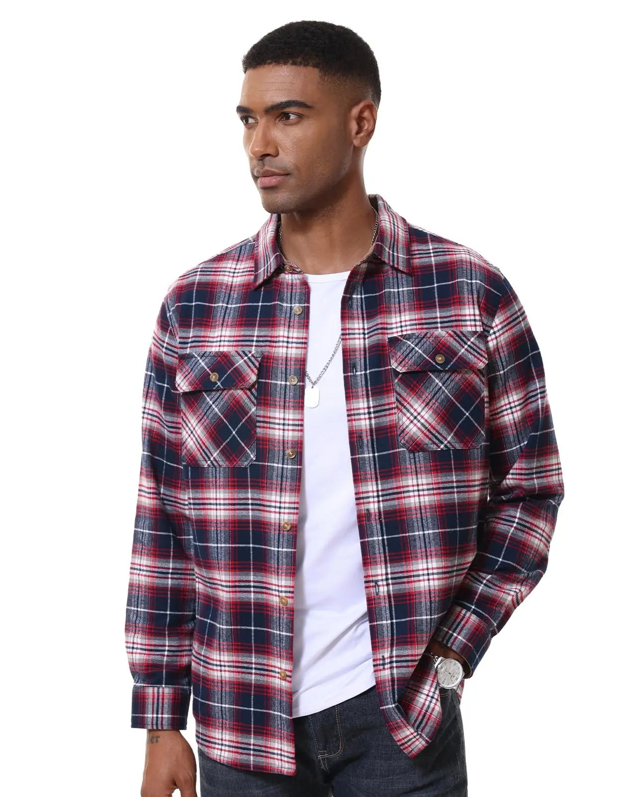 Man wearing a red and blue plaid shirt over a white t-shirt on a white background