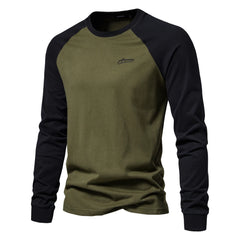 A men's long sleeve casual cotton t-shirt in black color with a small logo on the chest.