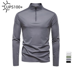 Gray long-sleeve shirt with a zipper on a white background, 