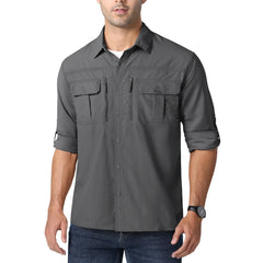 Man wearing a gray button-up shirt with rolled-up sleeves on a white background