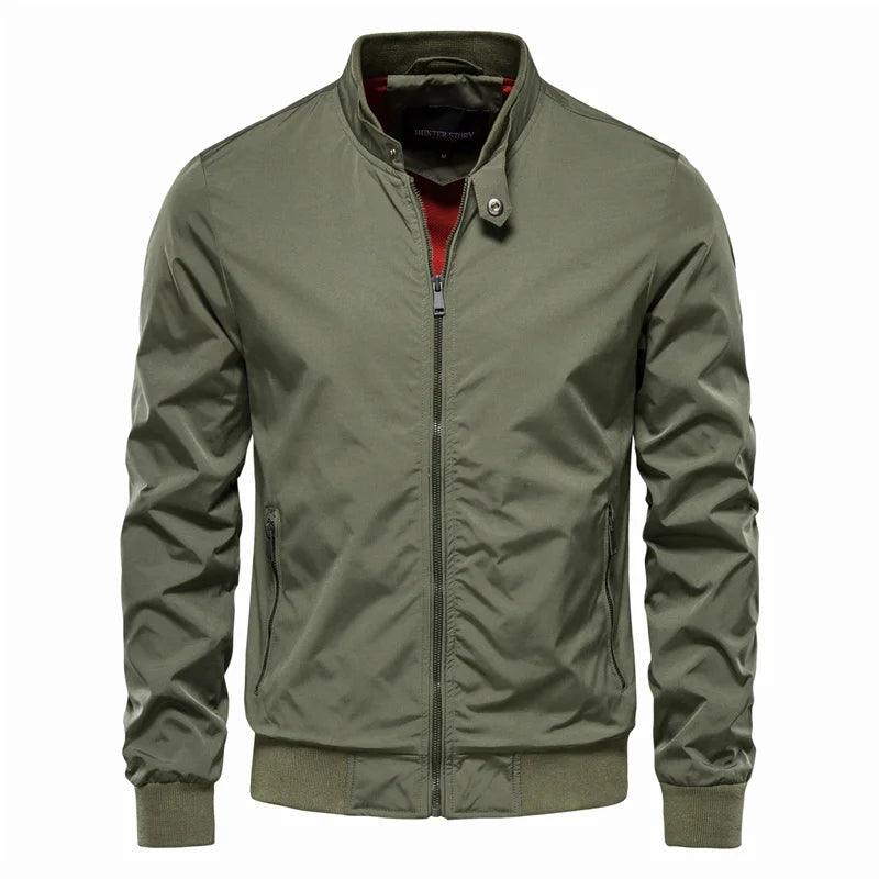 Men's winter bomber jacket in black color with a stand-up collar, zip closure, and ribbed cuffs. 