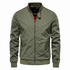 Men's winter bomber jacket in black color with a stand-up collar, zip closure, and ribbed cuffs. 