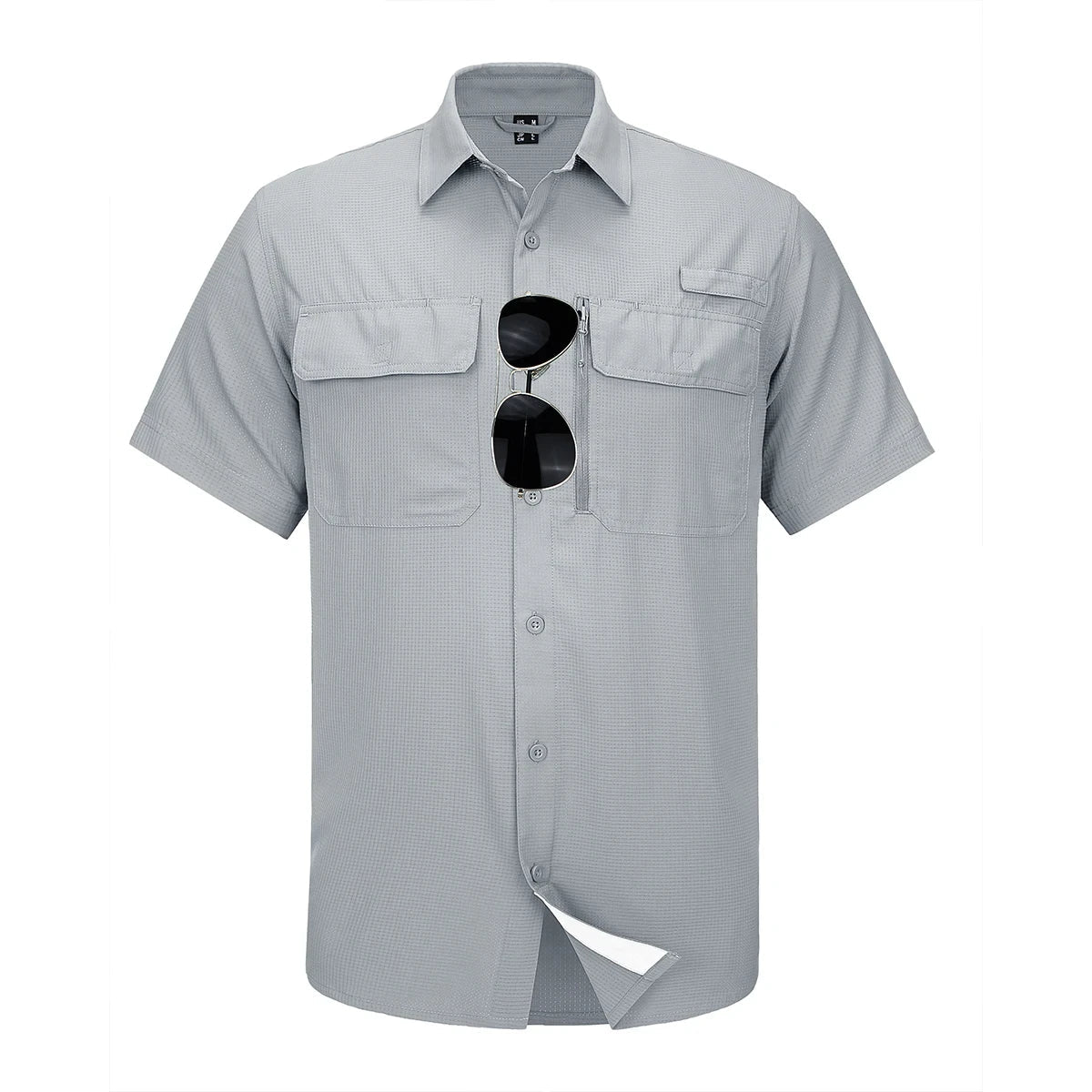 Gray short-sleeve shirt with sunglasses pocket on a white background, 