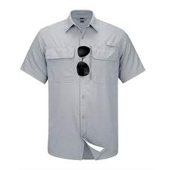 Gray short-sleeve shirt with sunglasses pocket on a white background, 