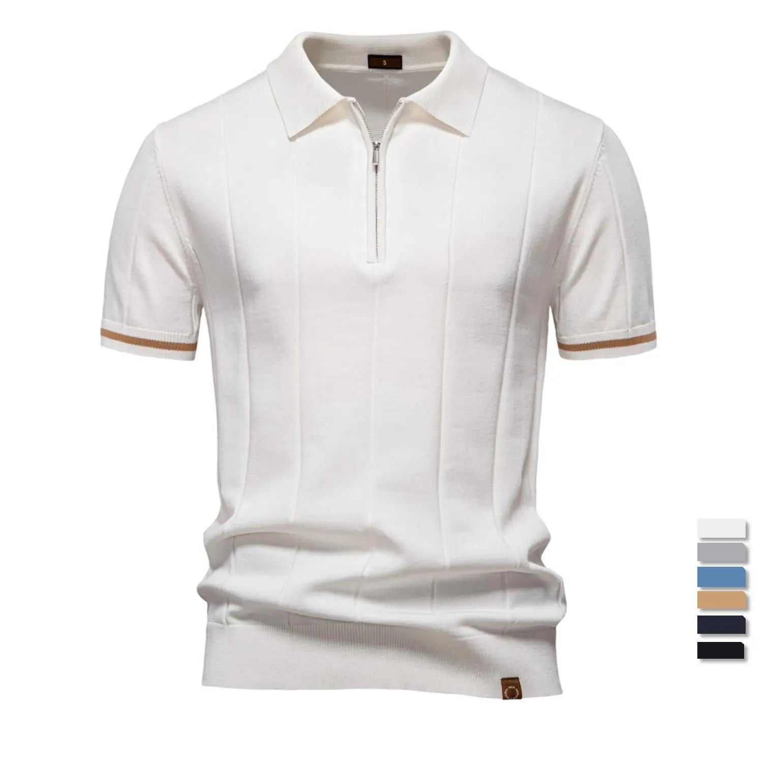 White polo shirt with brown accents on a white background, 