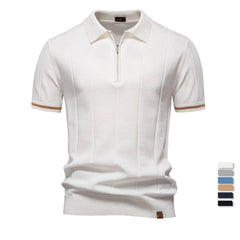 White polo shirt with brown accents on a white background, 