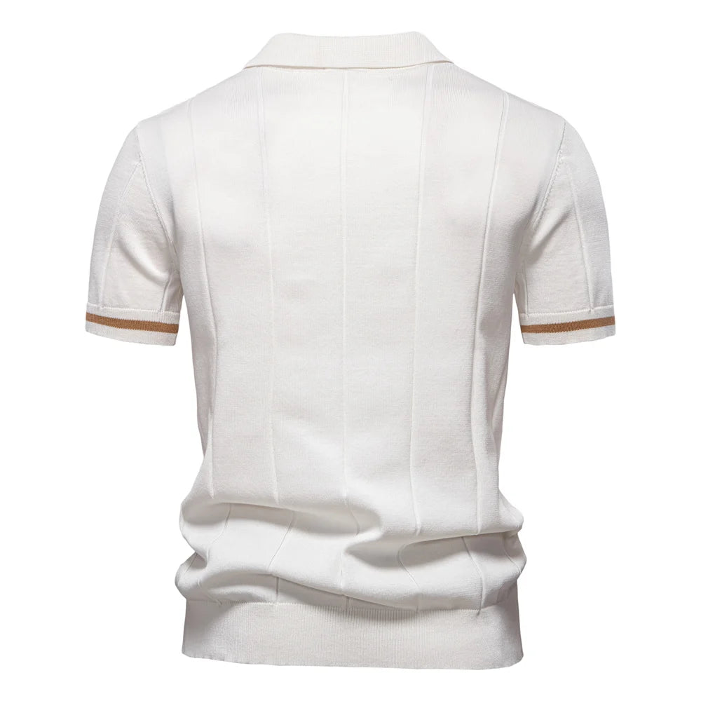 White polo shirt with brown trim on a white background