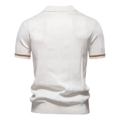 White polo shirt with brown trim on a white background