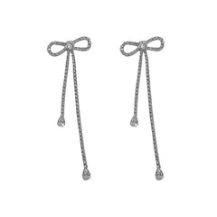 Fashion Jewelry Silver Needle Long Bow Tie Full-jeweled Stud Earrings For Women