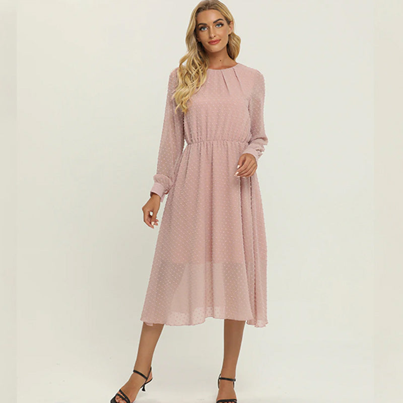Pink O-neck Long sleeve Midi Dress