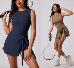 Women Sleeveless Boat Neck Dress with Built in Shorts