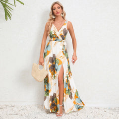 Elegant Floral Print Slit Long Maxi Dress