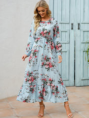 Bohemian A-Line Chiffon Dress with Puff Sleeves