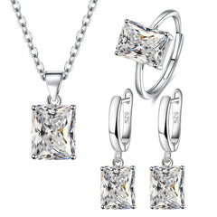 Women Rectangle 925 Sterling Silver Ring Earrings Necklace