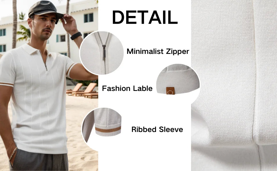 Man wearing a white polo shirt with beach background, highlighting features like a minimalist zipper, fashion label, and ribbed sleeve.