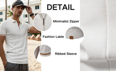 Man wearing a white polo shirt with beach background, highlighting features like a minimalist zipper, fashion label, and ribbed sleeve.