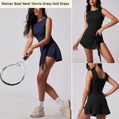 Women Sleeveless Boat Neck Dress with Built in Shorts