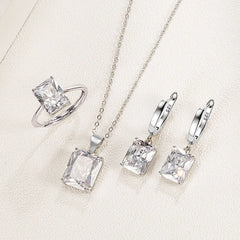 Women Rectangle 925 Sterling Silver Ring Earrings Necklace