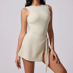 Women Sleeveless Boat Neck Dress with Built in Shorts