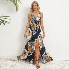 Elegant Floral Print Slit Long Maxi Dress