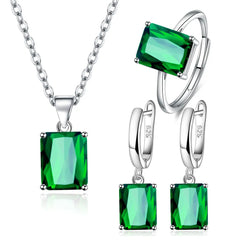 Women Rectangle 925 Sterling Silver Ring Earrings Necklace