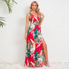 Elegant Floral Print Slit Long Maxi Dress