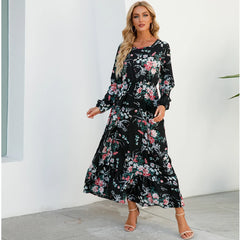 Bohemian Chiffon Dress with O-Neck and Puff Sleeves