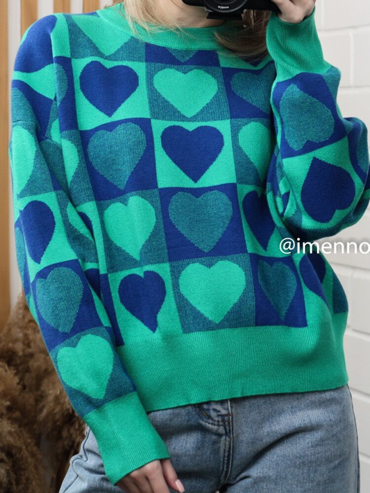 Heart Print Long Sleeve Loose Fit Sweater