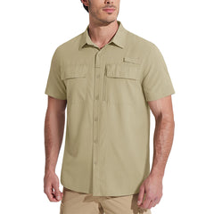 Man wearing a beige short-sleeve shirt on a white background