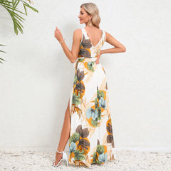 Elegant Floral Print Slit Long Maxi Dress