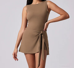 Women Sleeveless Boat Neck Dress with Built in Shorts