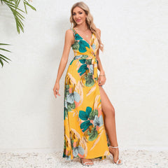 Elegant Floral Print Slit Long Maxi Dress