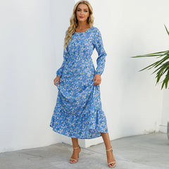 Women's O-neck Long Sleeve Floral Dress