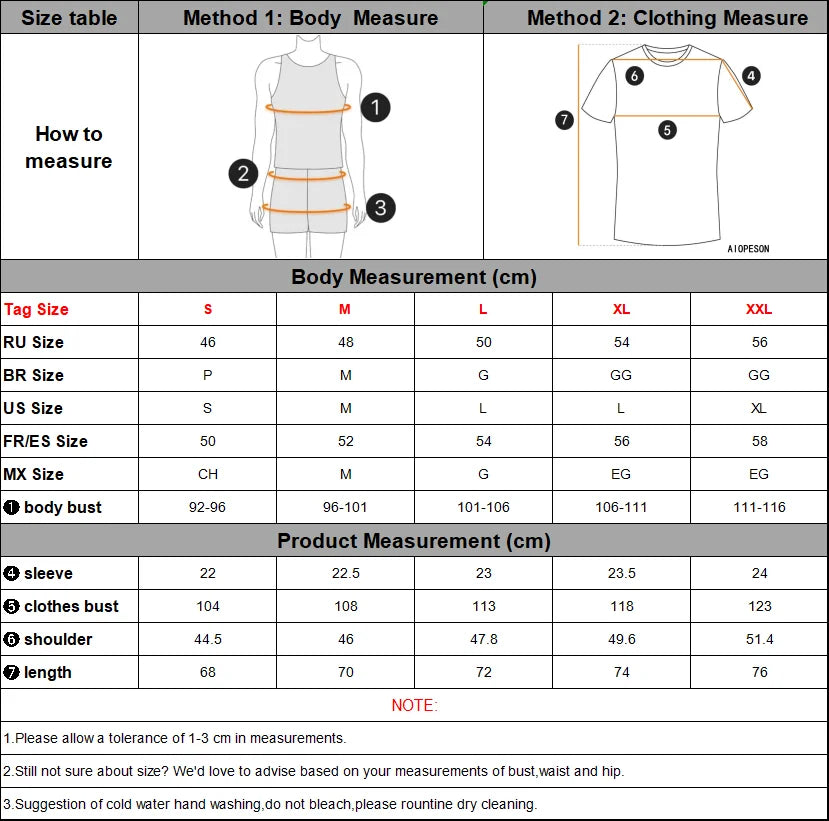 Size chart for clothing with measurement methods and product dimensions.