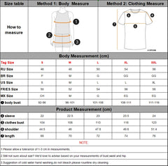 Size chart for clothing with measurement methods and product dimensions.