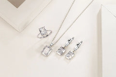 Women Rectangle 925 Sterling Silver Ring Earrings Necklace