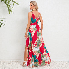 Elegant Floral Print Slit Long Maxi Dress