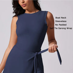 Women Sleeveless Boat Neck Dress with Built in Shorts