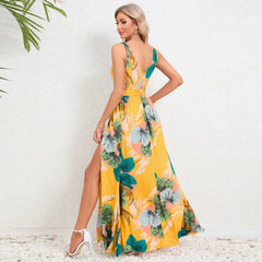 Elegant Floral Print Slit Long Maxi Dress