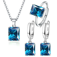 Women Rectangle 925 Sterling Silver Ring Earrings Necklace