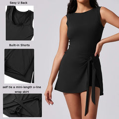 Women Sleeveless Boat Neck Dress with Built in Shorts