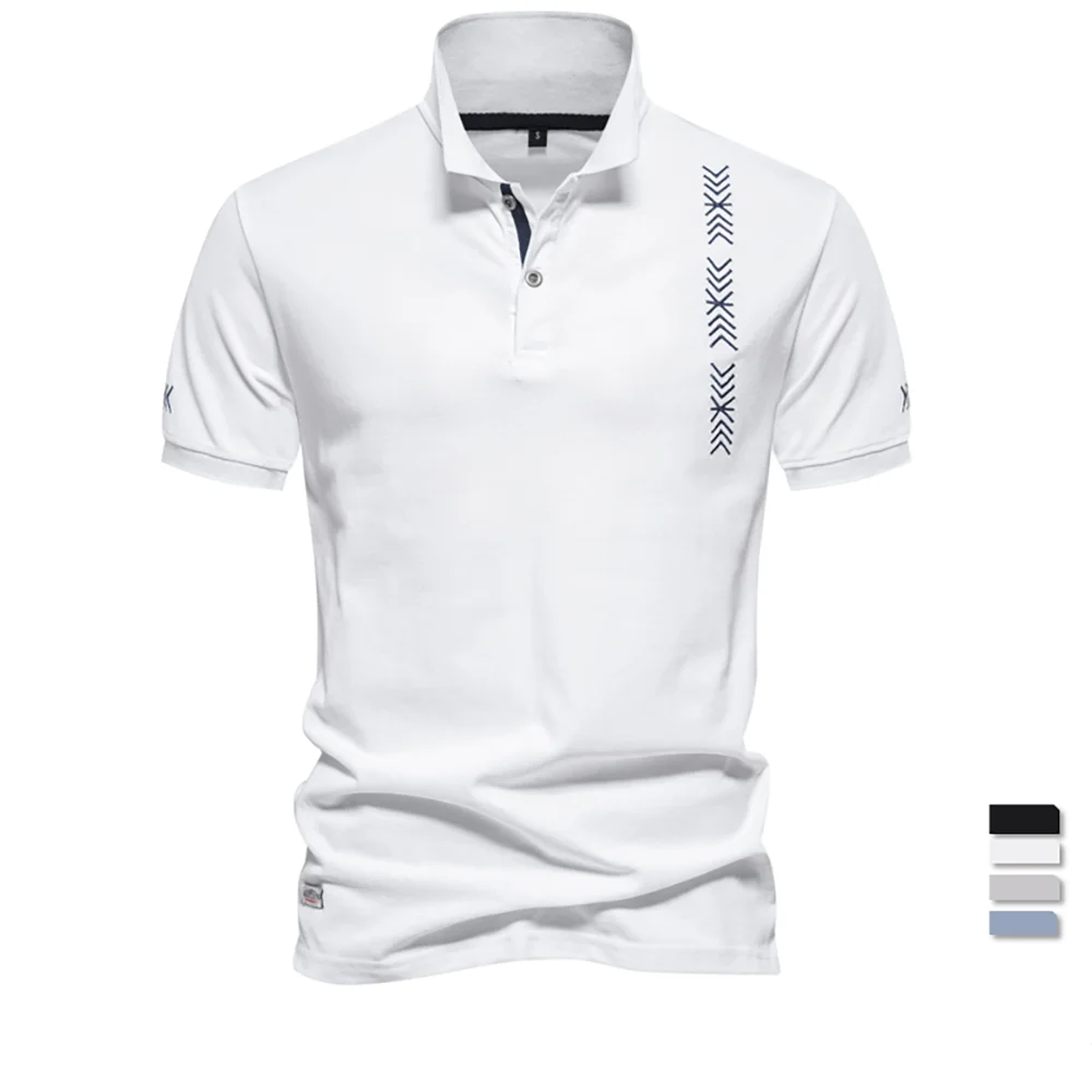 White polo shirt with black geometric design on a white background, 