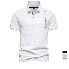 White polo shirt with black geometric design on a white background, 