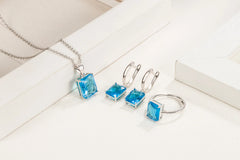 Women Rectangle 925 Sterling Silver Ring Earrings Necklace