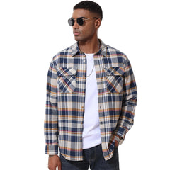Man wearing a plaid shirt over a white t-shirt on a white background