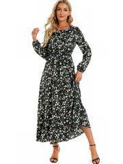 Women's Floral Puff Long Sleeve Chiffon Dress