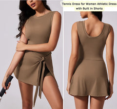 Women Sleeveless Boat Neck Dress with Built in Shorts