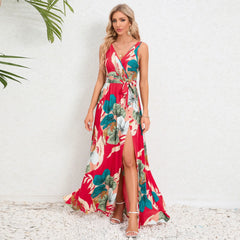 Elegant Floral Print Slit Long Maxi Dress