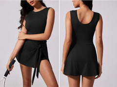 Women Sleeveless Boat Neck Dress with Built in Shorts