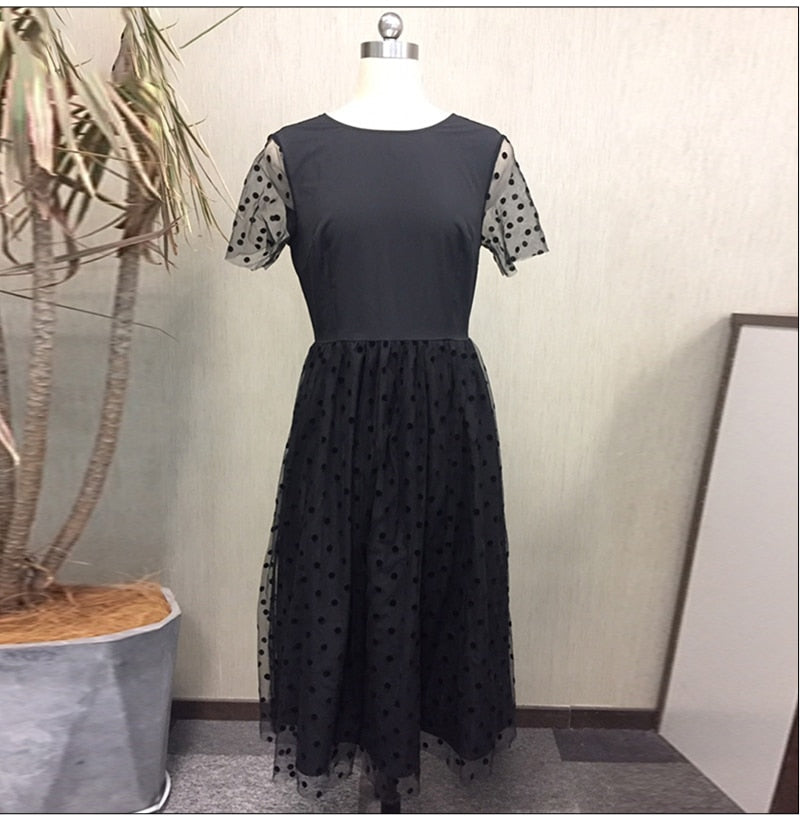Black Bohemian Mesh short Sleeve Midi Dress